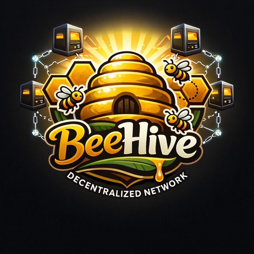 BeeHive decentralized network logo with connected servers around a hive